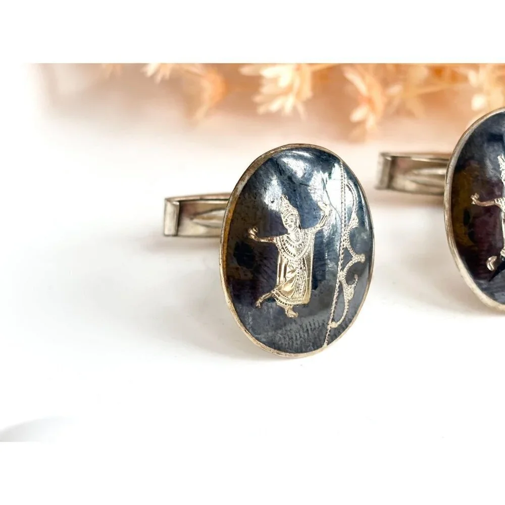 Siam Sterling Dancing Angel Oval Nielloware Enamel Vintage Black Round Cufflinks